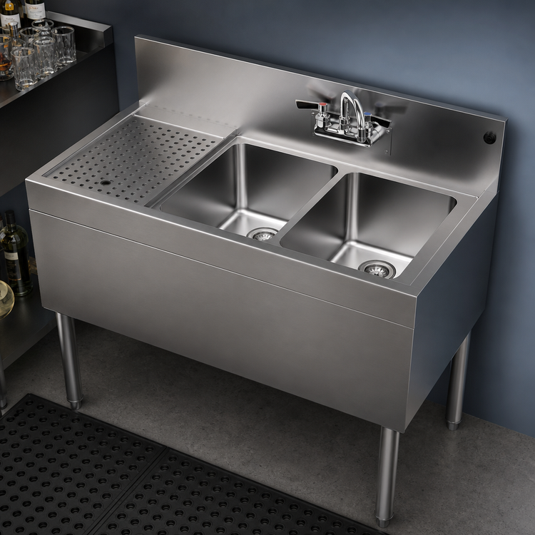 Product image #4 for Glastender Two-Compartment Stainless Steel Underbar Sink Unit with Left Drainboard, 36 x 19 Inches