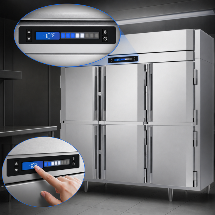Product image #4 for Victory UltraSpec Extra-Wide Three-Section Self-Contained Reach-In Freezer with Six Wide Half-Height Solid Hinged Doors