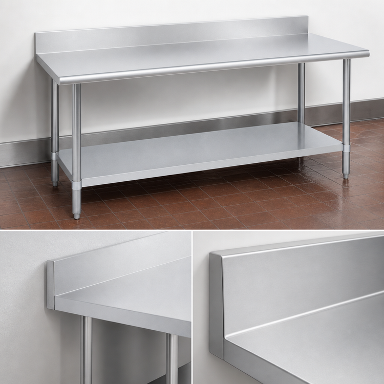 Product image #4 for Duke 144-Inch x 36-Inch 16-Gauge 300 Series Stainless Steel Work Table with 4.59-Inch Riser and Galvanized Undershelf