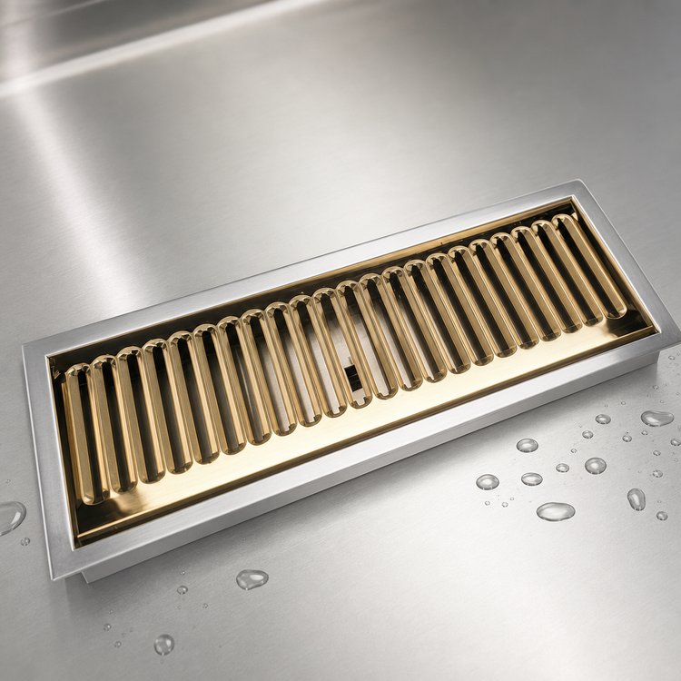 Product image #4 for Micro Matic Drop-In Stainless Steel Drip Tray Trough with Louvered PVD Brass Screen, 13 x 6 Inches