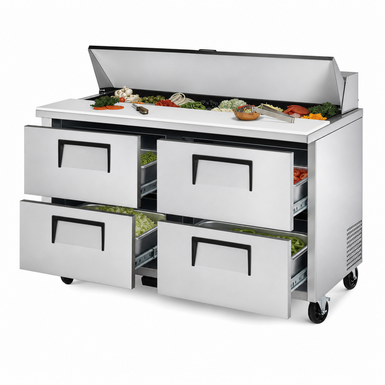 Product image #4 for True 60-Inch Two-Section Sandwich/Salad Prep Table with 4 Drawers and 16-Pan Top
