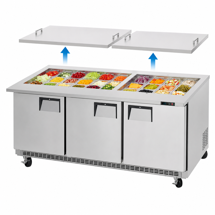 Product image #4 for Everest Refrigeration 71-1/8 Inch Mega-Top Three-Section Open Top Prep Table with Rear-Mounted Self-Contained Refrigeration