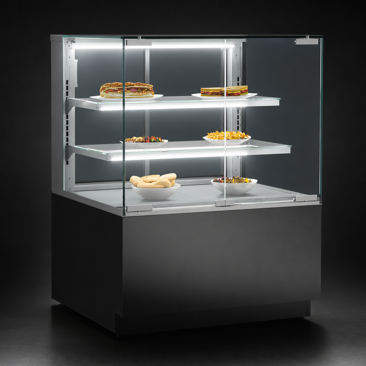 Product image #4 for Reveal® 35-3/4" Wide Freestanding Self-Service Convection-Heated Hot Food Display Case with 2 Glass Shelves and Rear Sliding Doors