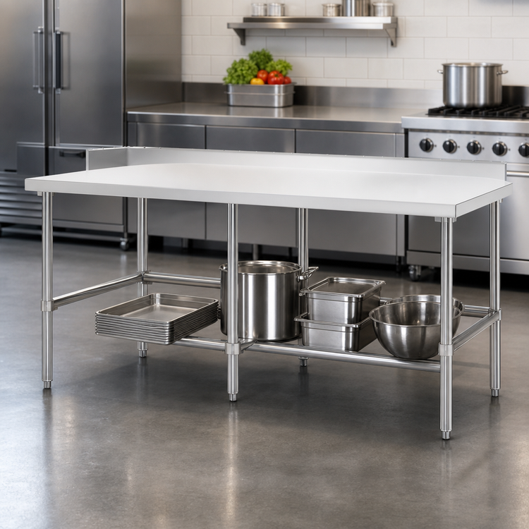 Product image #4 for 84-Inch Open Base Stainless Steel Worktable, 24-Inch Deep, 34-Inch High, 18-Gauge 304 Top