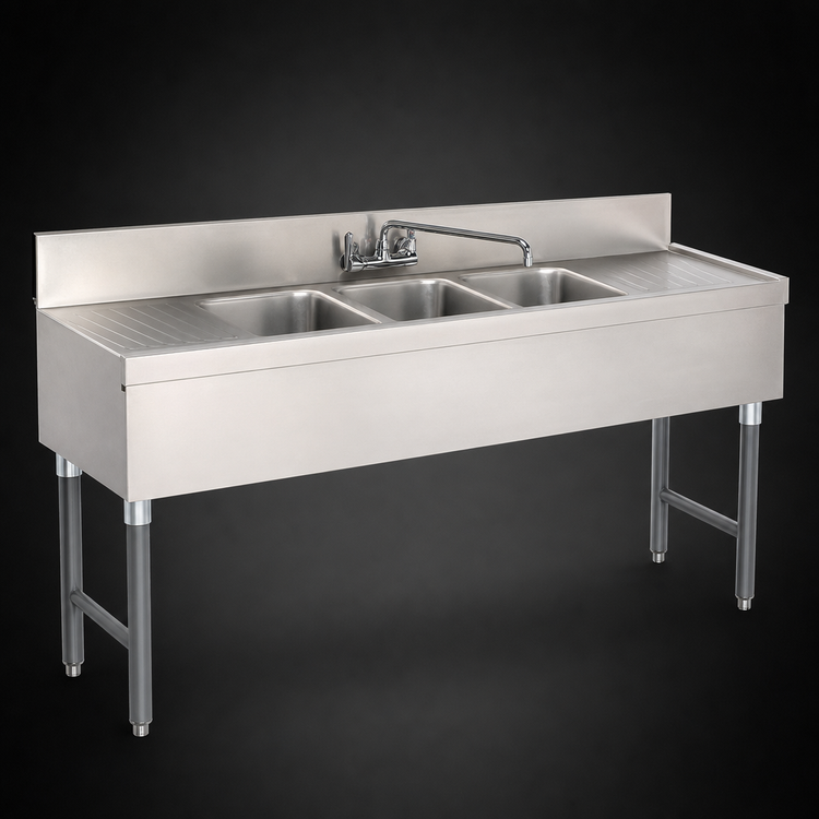 Product image #4 for Advance Tabco Special Value Series 72-Inch 3-Compartment Stainless Steel Bar Sink with Dual Drainboards and Splash-Mount Faucet