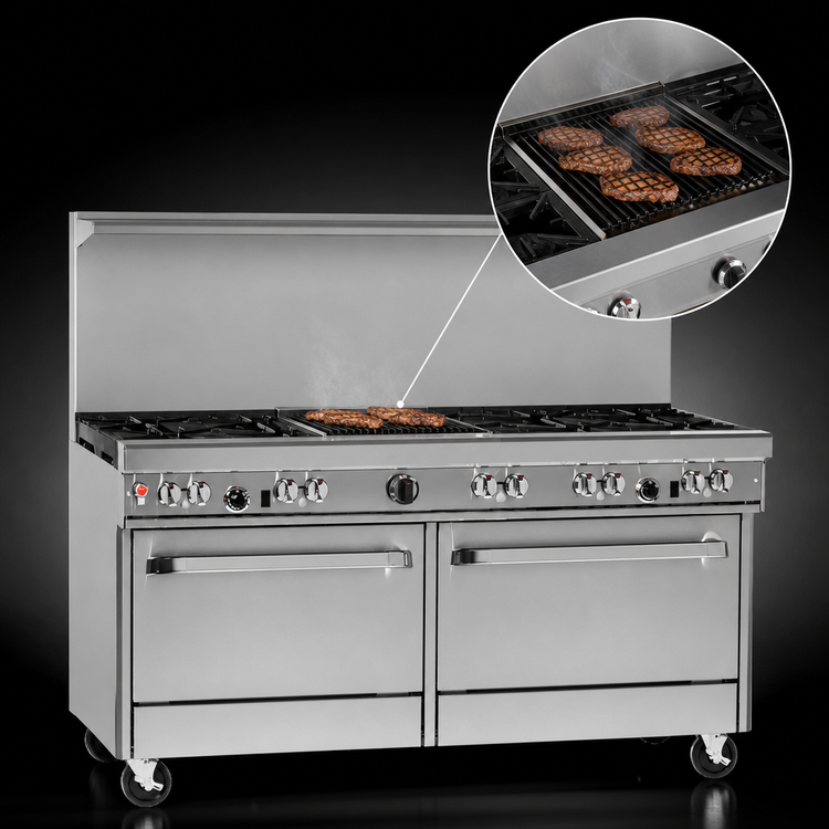 Product image #4 for 60-Inch Gas Restaurant Range with 6 Burners, 24-Inch Charbroiler, Standard Oven and Convection Oven