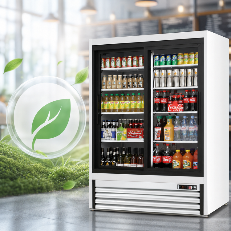 Product image #4 for Everest Refrigeration Two-Section Reach-In Glass Door Merchandiser Refrigerator, 48 Cu. Ft., Sliding Doors, Bottom Mounted