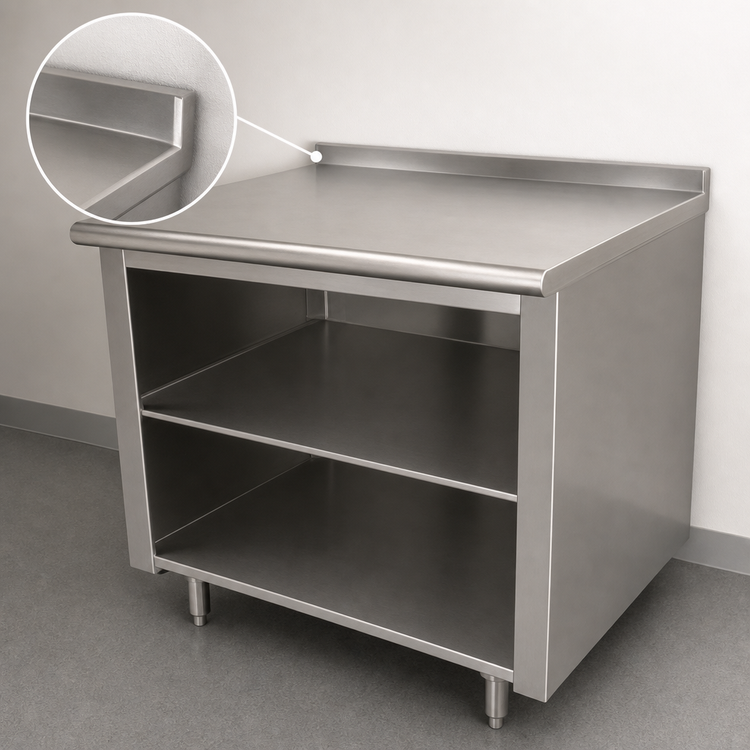 Product image #4 for Advance Tabco 144-Inch W x 24-Inch D Stainless Steel Work Table with Open Front Cabinet Base, Fixed Mid-Shelf, and 1-1/2-Inch Rear Up-Turn