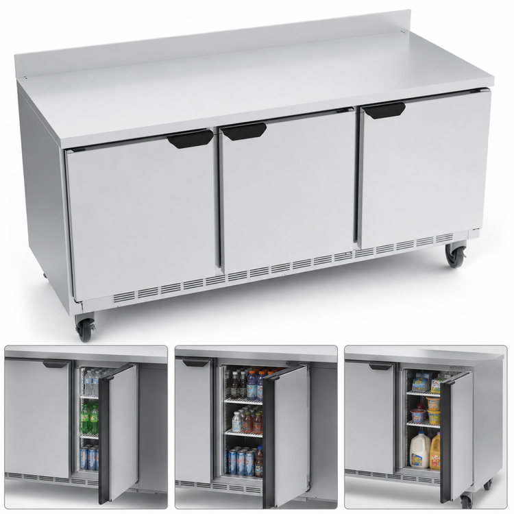 Product image #5 for Beverage-Air 72-Inch Three-Section Worktop Refrigerator with 3 Solid Doors and Rear-Mounted Self-Contained R290 Refrigeration