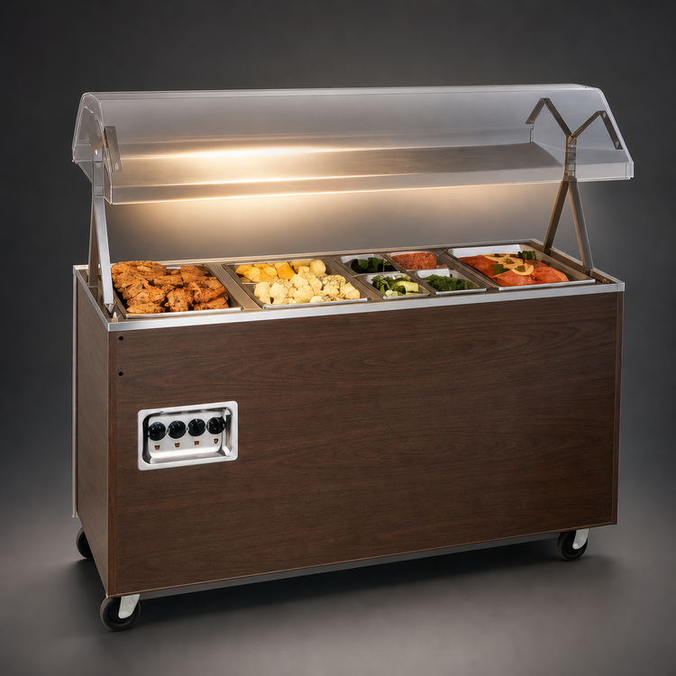 Product image #4 for Vollrath 2-Series Affordable Portable 3-Well Mobile Hot Food Station with Buffet Breath Guard and Lights, Walnut Woodgrain, 120/208-240V