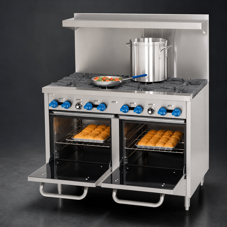 Product image #4 for Comstock-Castle F3218 48-Inch Commercial Gas Range with 8 Star Burners, 2 Space-Saver Ovens, and High Shelf