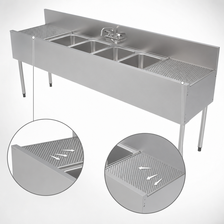 Product image #5 for Top Shelf TS Series 84-Inch 4-Compartment Stainless Steel Underbar Multi-Tank Sink Unit with Left and Right Drainboards