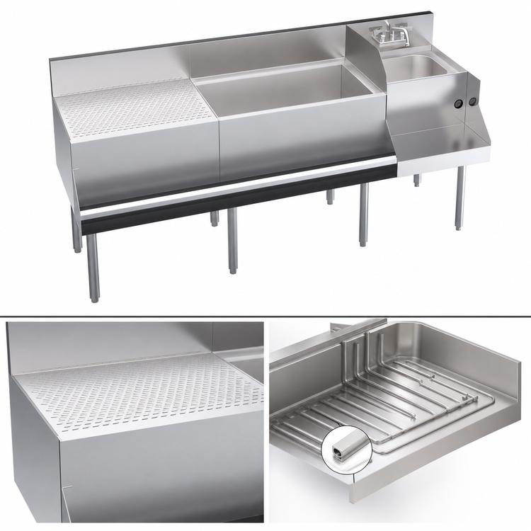 Product image #5 for Krowne Royal Series 72-Inch Freestanding Underbar Ice Bin/Cocktail Station with Drainboard, 18-Inch Blender Dump Sink, and 10-Circuit Cold Plate