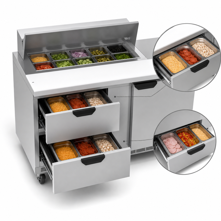 Product image #5 for Beverage-Air 60-Inch Two-Section Sandwich Top Refrigerated Prep Table with 8-Pan Top, 1 Door, and 2 Drawers