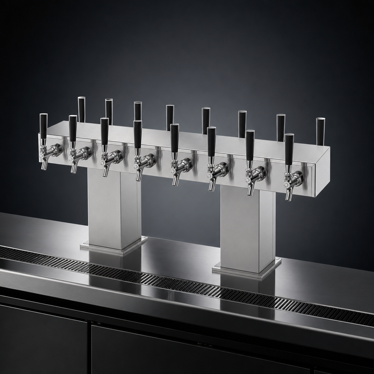 Product image #4 for Perlick Extra-High Back-to-Back Bridge Tee Countertop Glycol-Cooled Draft Beer Tower, 20 Faucets, Stainless Steel