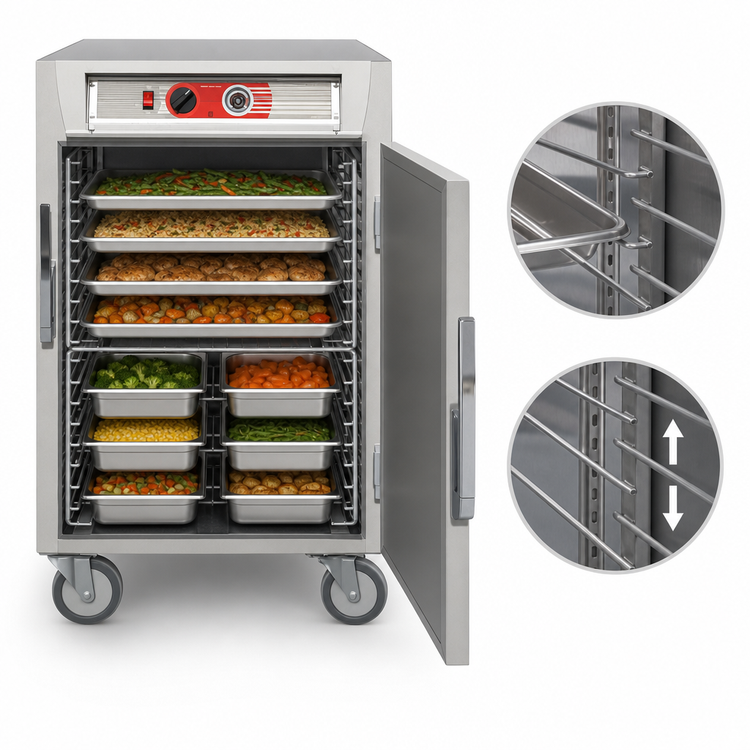 Product image #4 for Metro C5 6 Series Mobile Half-Height Pass-Thru Heated Holding Cabinet with Solid Doors, Universal Wire Slides, 120V