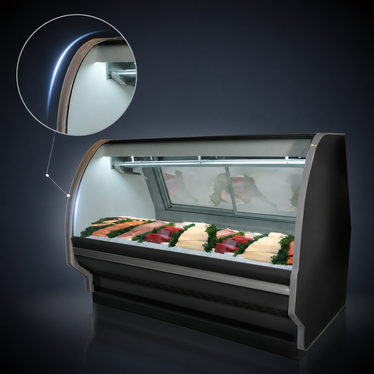 Product image #4 for Howard-McCray 40E Series Endless Design Curved Glass Remote Fish & Poultry Refrigerated Display Case, 99.5-Inch, Single Duty, Black Exterior / White Interior, LED