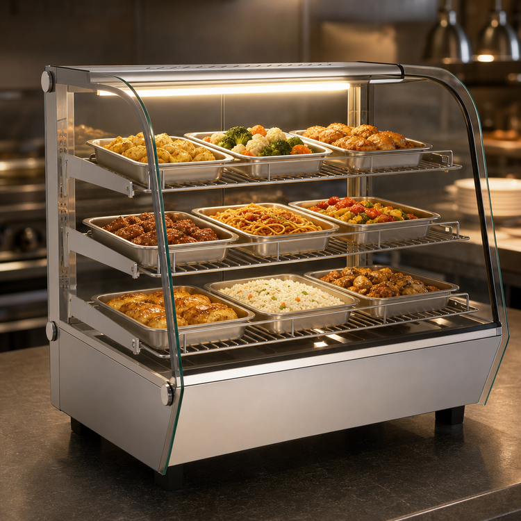 Product image #4 for Omcan Full-Service Countertop Hot Food Heated Display Case with Curved Glass, 5.65 Cu. Ft., 3 Shelves