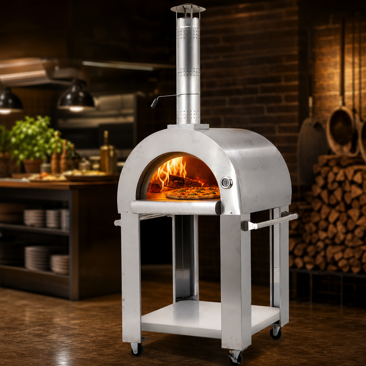 Product image #4 for Omcan Stainless Steel Wood-Burning Pizza Oven with 25.19 x 29.5-Inch Brick Cooking Area