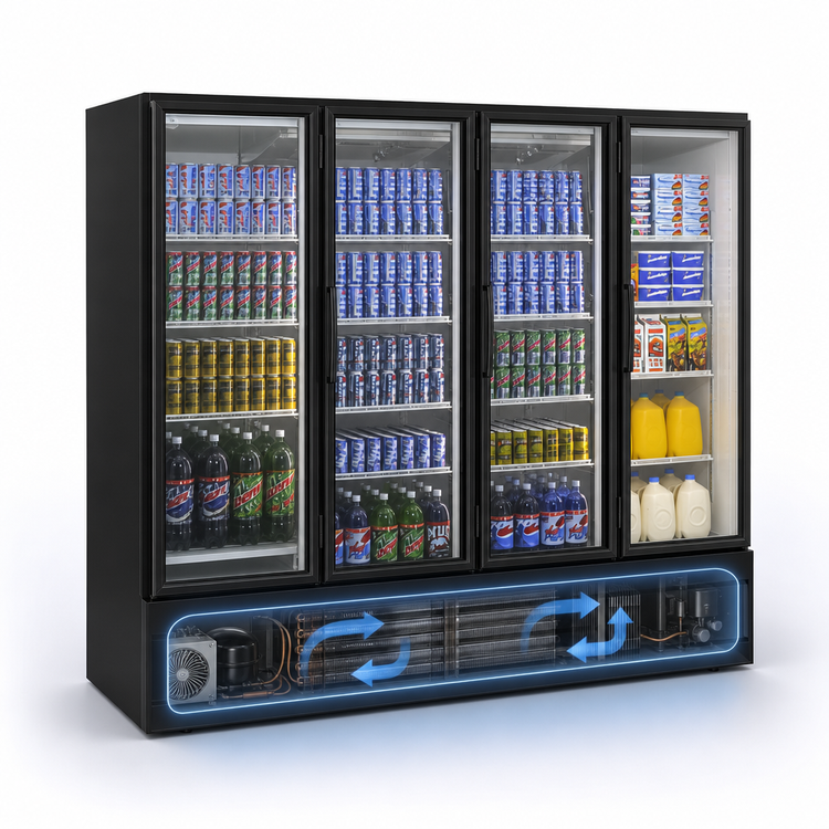 Product image #4 for Howard-McCray Four-Section Glass Door Refrigerator Merchandiser, 102 Cu. Ft., Bottom-Mount Self-Contained, Black