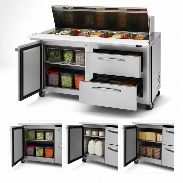 Product image #5 for Turbo Air PRO 60-Inch Two-Section Mega Top Sandwich/Salad Prep Table with Rear-Mount Self-Contained Refrigeration, 24-Pan Top, 2 Drawers and Locking Door