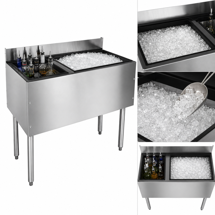 Product image #4 for CHOICE 48-Inch Underbar Combo Ice Bin/Cocktail Unit with 6-Bottle Insulated Storage