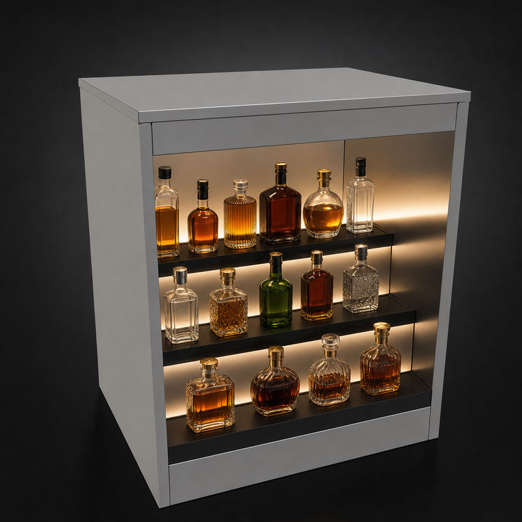 Product image #4 for Glastender Open Front Back Bar Liquor Display Cabinet, 30 Inch Wide, 3-Step Display with LED Lighting