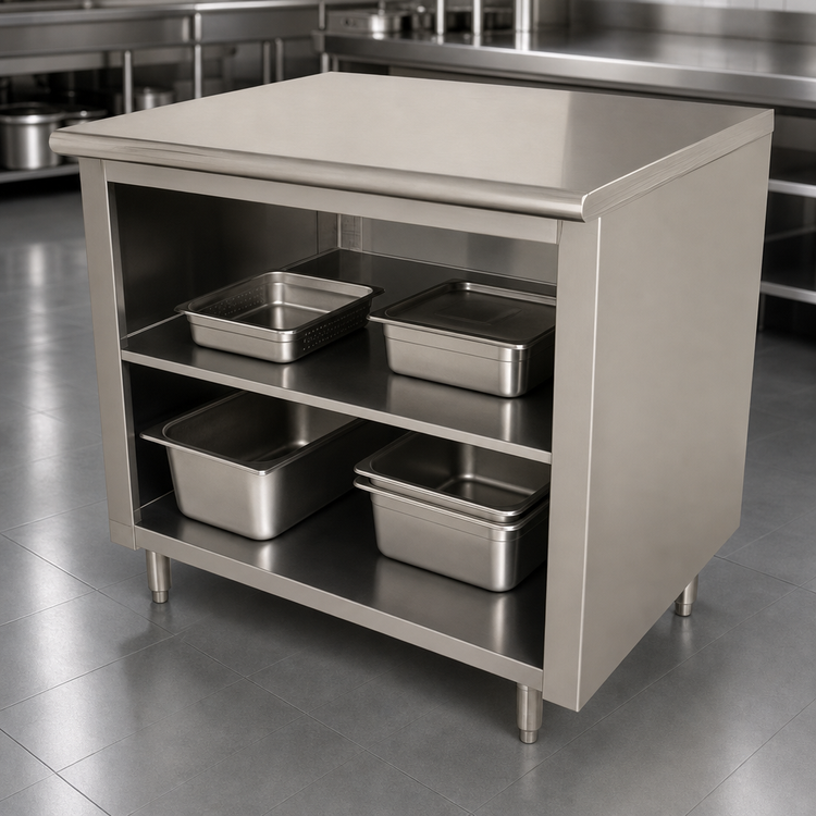 Product image #4 for Advance Tabco 96-Inch x 36-Inch 14 Gauge 304 Stainless Steel Flat Top Work Table with Open Front Cabinet Base and Mid-Shelf