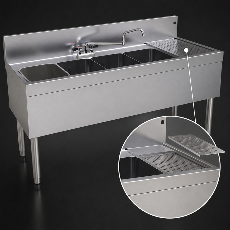 Product image #4 for Glastender Four-Compartment 24-Inch Deep Underbar Sink Unit with Right Drainboard, 60-Inch Wide