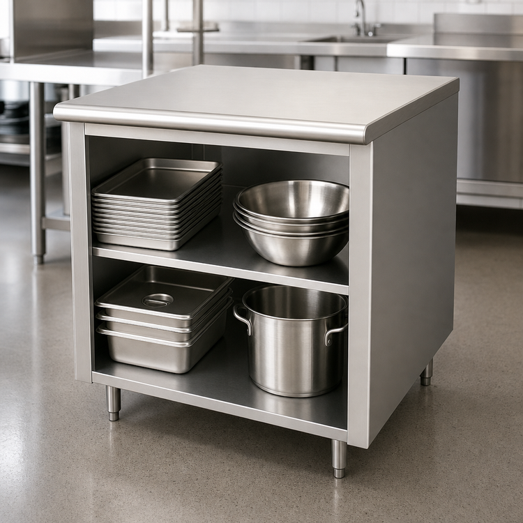 Product image #4 for Advance Tabco Open Front Cabinet Base Work Table with Mid-Shelf, 72 x 24 Inches, 14 Gauge 304 Stainless Steel Top