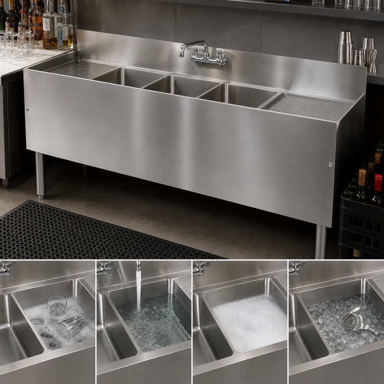 Product image #4 for Choice Four-Compartment Underbar Sink Unit with Dual Drainboards and Deck-Mount Faucet, 84 Inch W x 24 Inch D