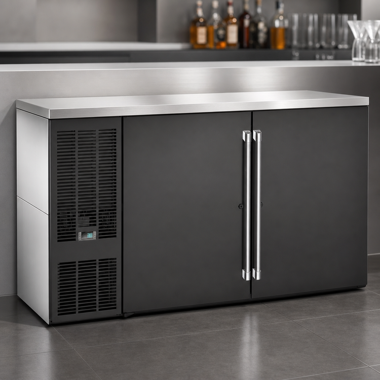 Product image #4 for Two-Section 60-Inch Refrigerated Back Bar Cooler with Solid Doors and Stainless Steel Top and Sides