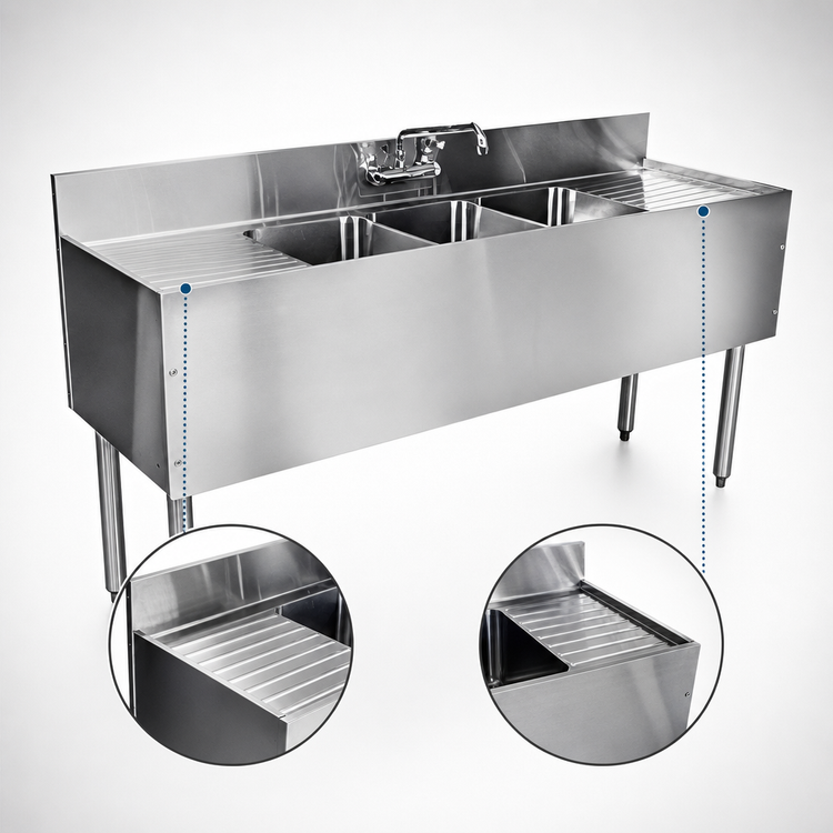 Product image #4 for CHOICE by Glastender Three-Compartment Underbar Sink Unit, 72-Inch Wide with Left and Right Drainboards