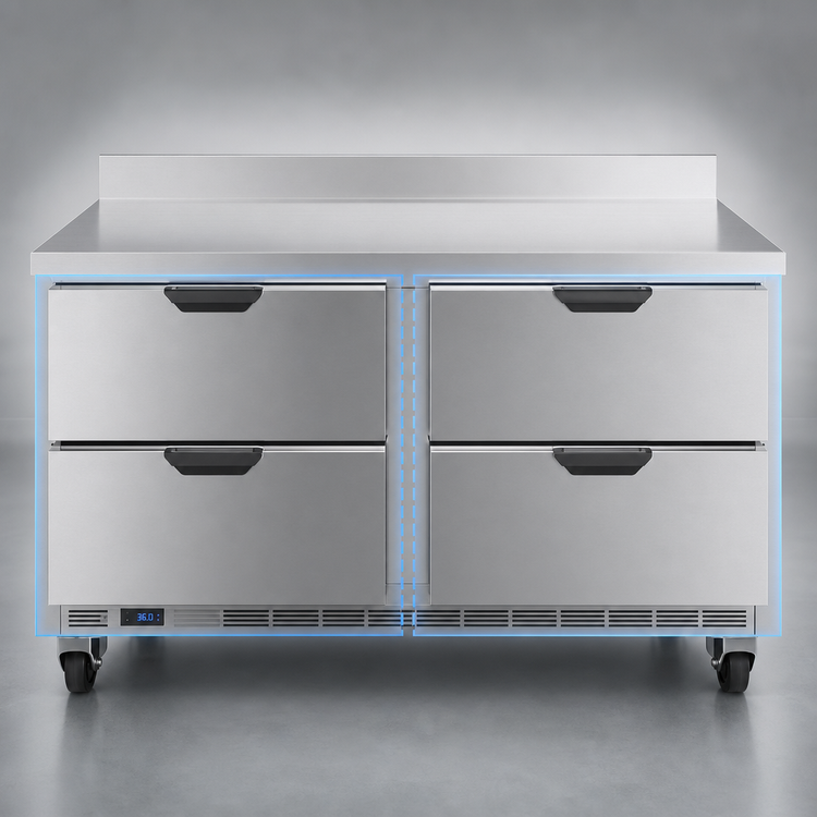 Product image #4 for Beverage-Air 60-Inch Two-Section Worktop Refrigerator with 4 Drawers