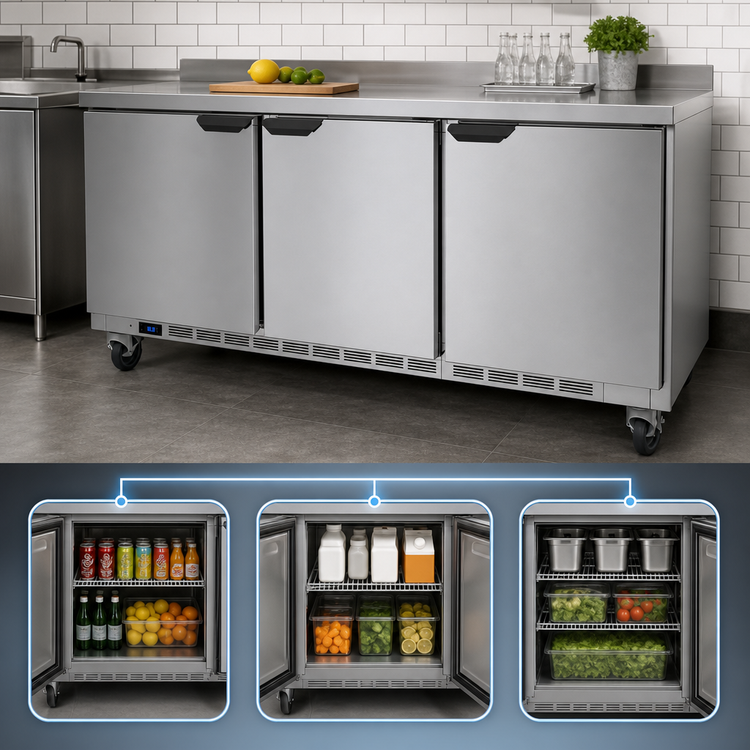 Product image #4 for Beverage-Air 72-Inch Three-Section Worktop Refrigerator with Flat Top and Solid Doors