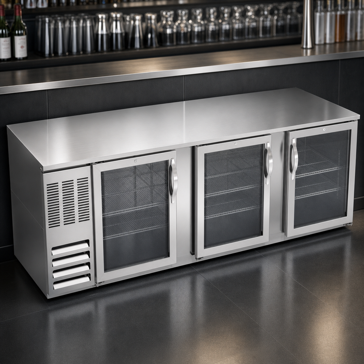 Product image #4 for Beverage Air BB94HC-G-S Three-Section Glass Door Back Bar Refrigerator, 94 Inch Wide, Self-Contained R290