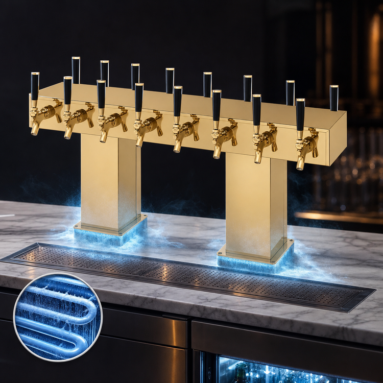 Product image #4 for Perlick Back-to-Back Bridge Tee Glycol-Cooled Countertop Draft Beer Tower, 36 Faucets, Brass Finish