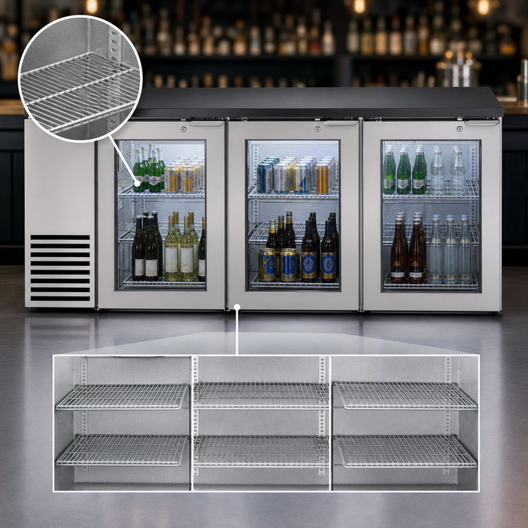 Product image #4 for True 72-1/8-Inch Two-Section Back Bar Cooler with 3 Glass Doors and Side-Mounted Self-Contained Refrigeration