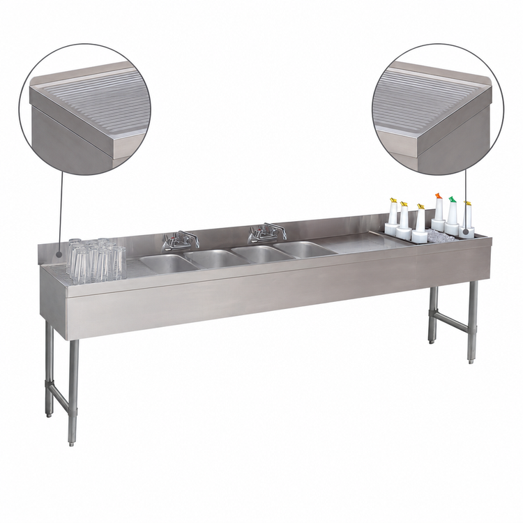 Product image #4 for Advance Tabco Underbar Basics 96-Inch Stainless Steel 3-Bowl Bar Sink and Ice Bin Combo with Right-Side Ice Bin and Splash-Mount Faucet