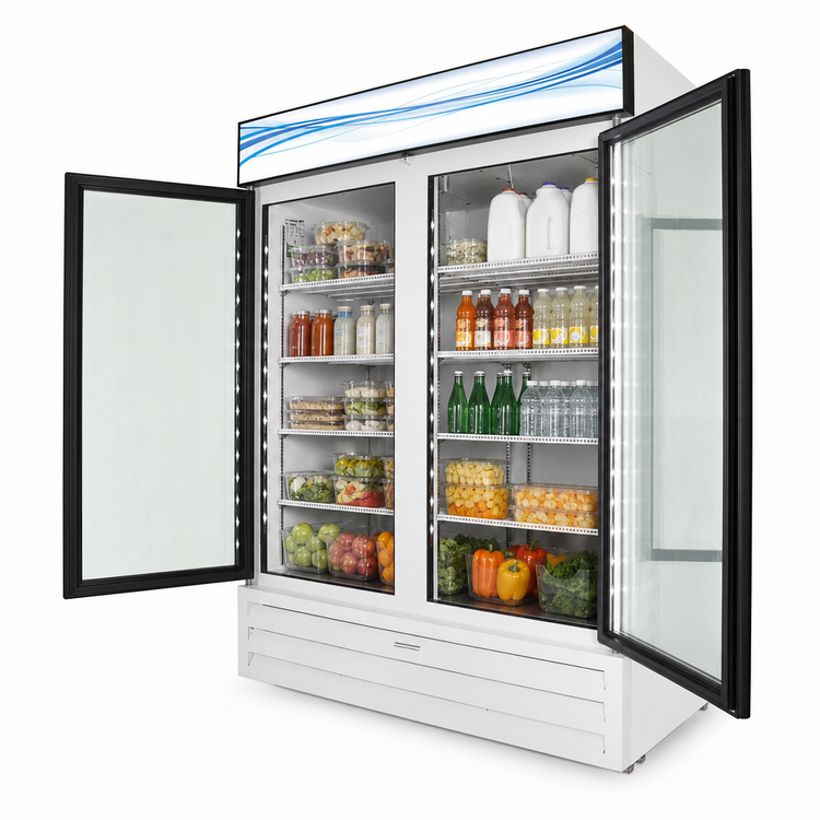 Product image #4 for Fogel Two-Section Glass Door Reach-In Refrigerator Merchandiser, 45 Cu. Ft., Bottom-Mounted Self-Contained