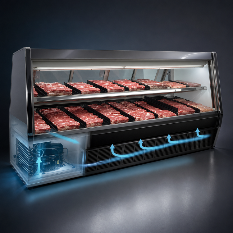 Product image #4 for Howard-McCray 40E Series 8-Foot Self-Contained Red Meat Service Case with Straight Glass, Black Exterior and White Interior