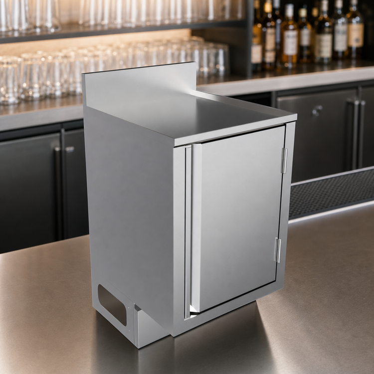 Product image #5 for BK Resources Call Series Stainless Steel Underbar Cabinet, Flat Top, Pedestal Base, 18 x 21 Inches
