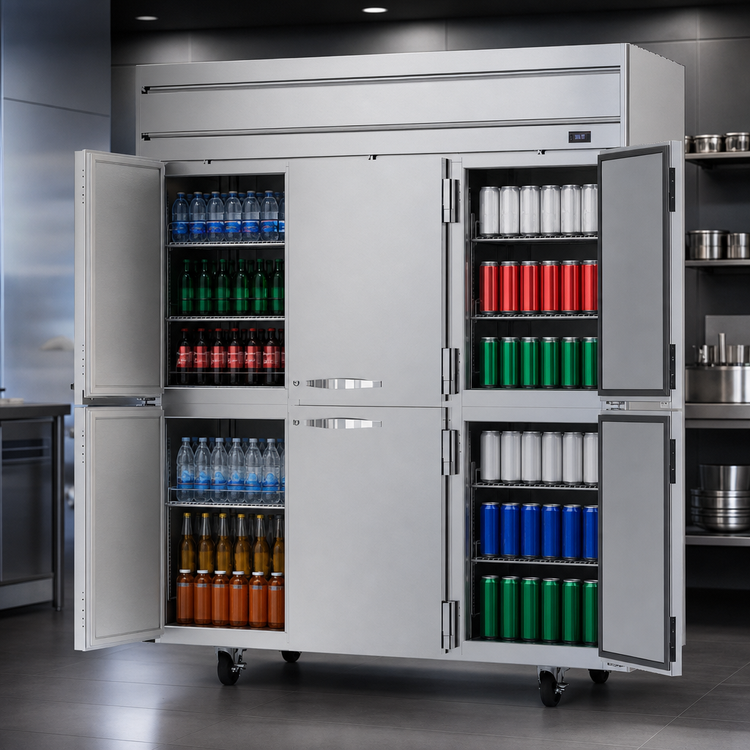 Product image #4 for Beverage-Air Horizon Series Three-Section Reach-In Refrigerator, 71.52 Cu. Ft., Half Solid Hinged Doors, Top-Mounted Self-Contained Refrigeration