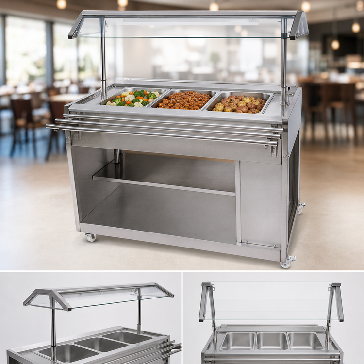 Product image #4 for Omcan USA 48-Inch Mobile Stainless Steel Sealed Well Hot Food Serving Counter / Steam Table with Double-Sided Sneeze Guard