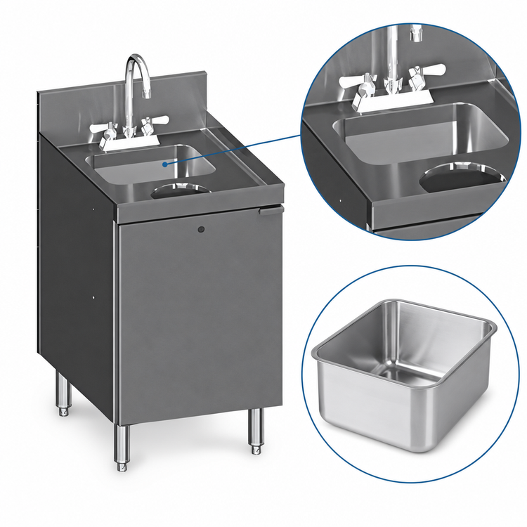 Product image #4 for CHOICE 18-Inch Stainless Steel Underbar Hand & Dump Sink Cabinet with Hinged Door, Faucet, and Dry Waste Chute