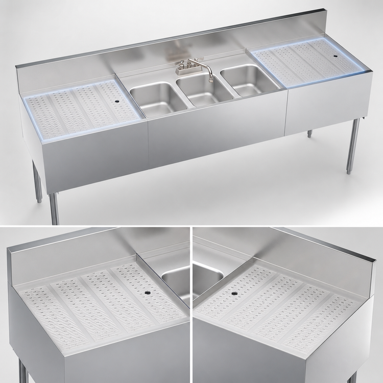 Product image #4 for Krowne Royal Series 84-Inch Three-Compartment Underbar Bar Sink with Left and Right Drainboards