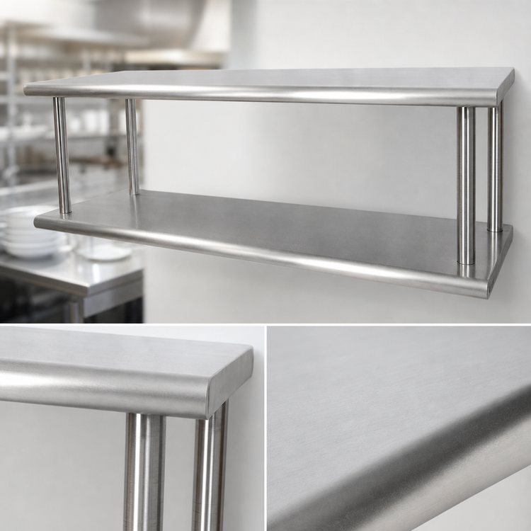 Product image #4 for BK Resources Double Tier Wall-Mounted Pass-Through Shelf, 108 x 24 Inches, 304 Stainless Steel