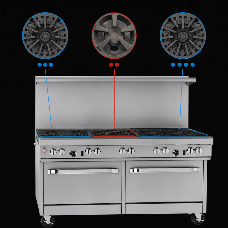 Product image #4 for Southbend Ultimate 60-Inch Gas Restaurant Range with 9 Open Burners, 2 Cabinets and Hi-Shelf Backriser
