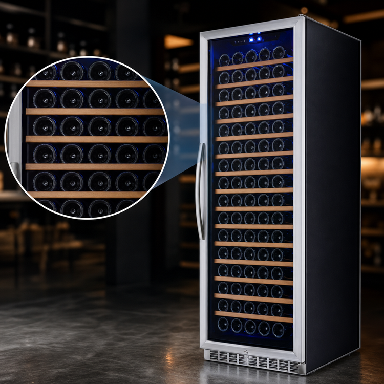Product image #5 for Eurodib Urban Style One-Section Reach-In Single Zone Wine Cabinet, 168-Bottle Capacity, Stainless Steel Framed Glass Door