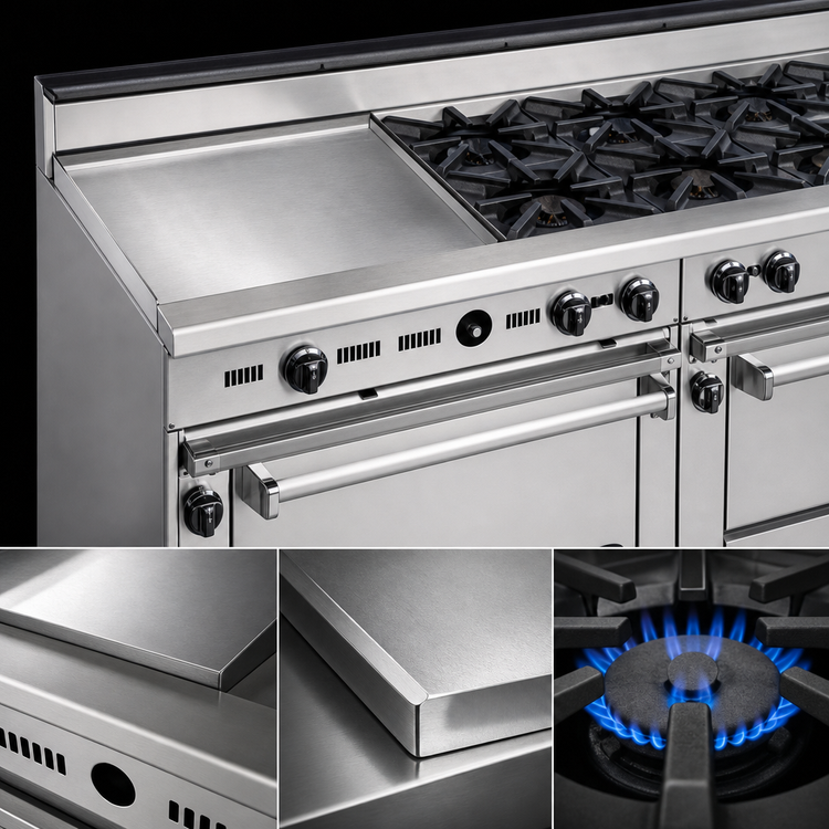 Product image #4 for Bistro 72-Inch Shallow Depth Heavy-Duty Commercial Gas Range with 8 Open Burners, 24-Inch Griddle, Standard Oven and Cabinet Base